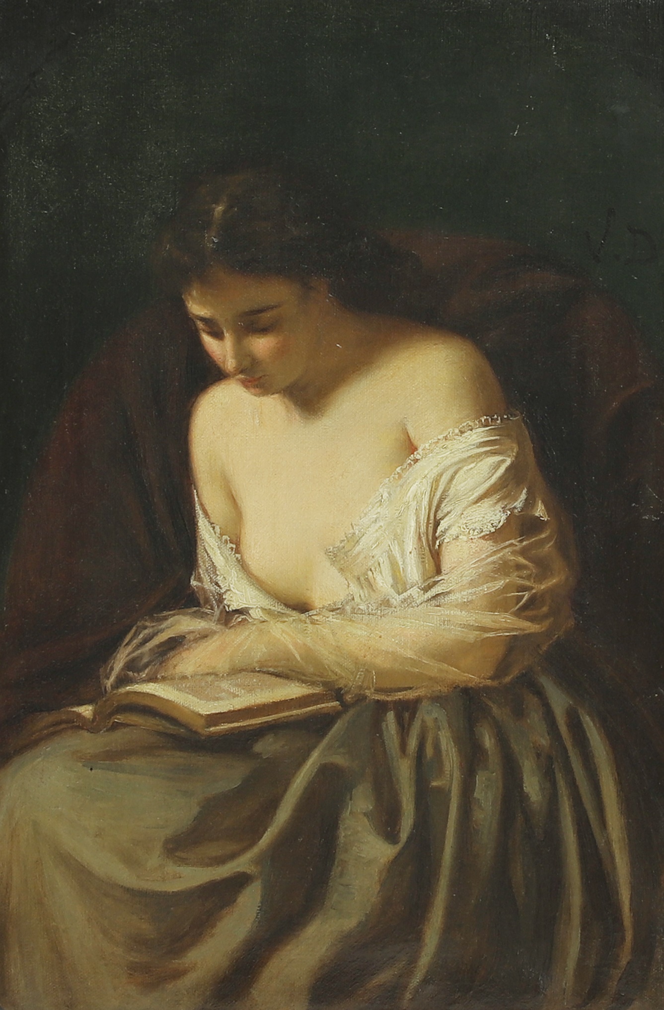 Vita d'Ancona (Italian, 1825-1884) A young woman reading, signed with initials u.r., oil on canvas, 42.5 x 28.5cm (£1,500-2,000)